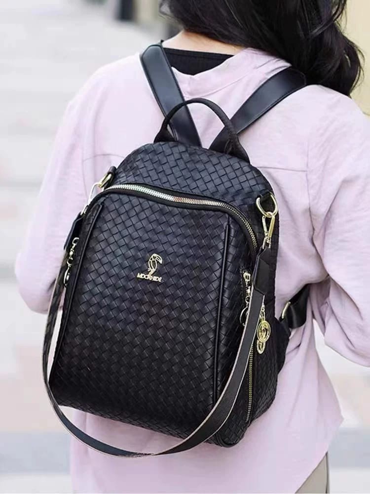 Fashion Woven Leather Backpack-AM01436MB Chic Black Backpack for Everyday Use