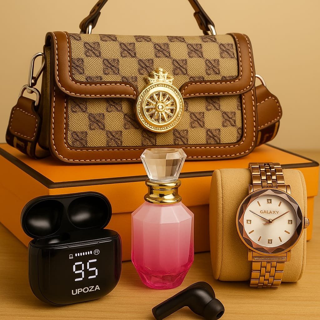 ASMA'S CRAZY GIFT COMBO - HD01164LB Elegant style with luxury detailing HANDY BAG-WOMEN WATCH-EAR BUDS & VELVET BLOOM 30-35 ML PERFUME